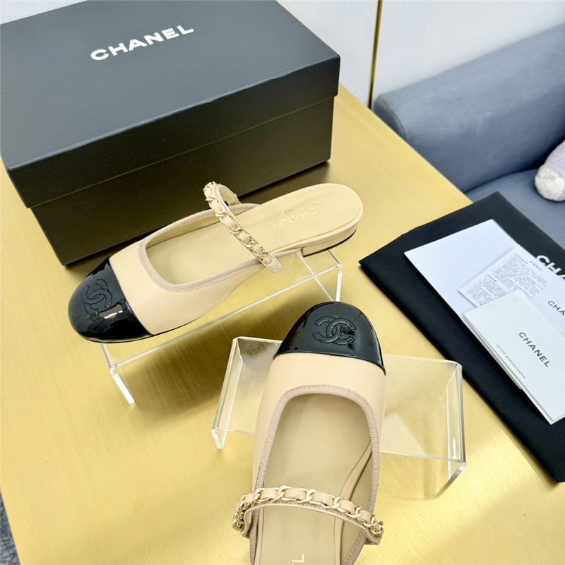Ch**el mary janes chain flat mules beige and black