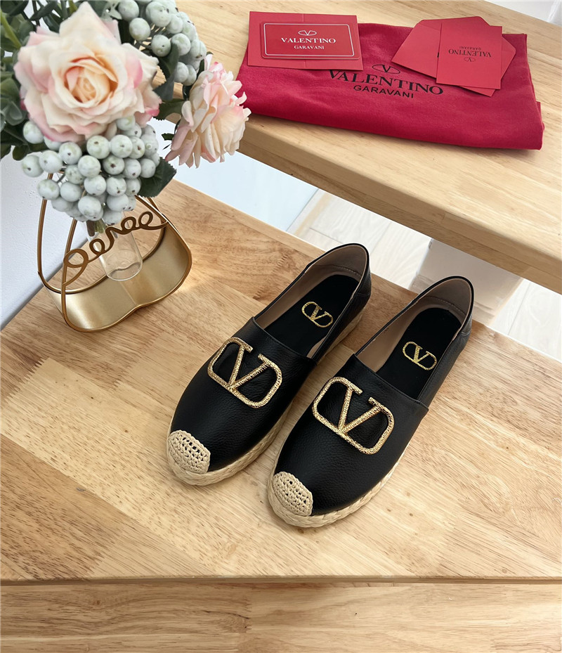 Va1e*ntin0 vlogo calfskin raffia espadrilles gold and black