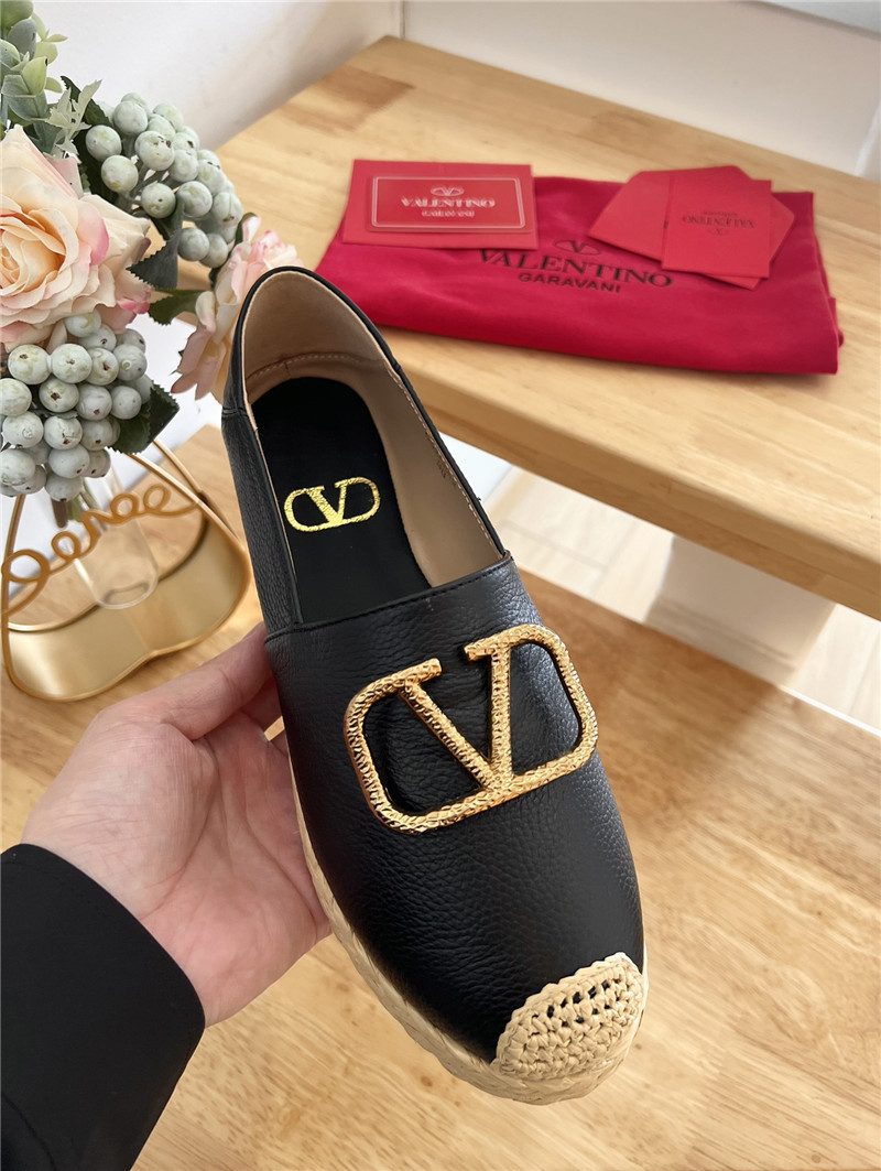 Va1e*ntin0 vlogo calfskin raffia espadrilles gold and black