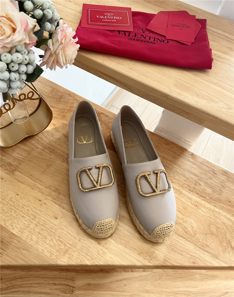 Va1e*ntin0 vlogo calfskin raffia espadrilles gold and grey
