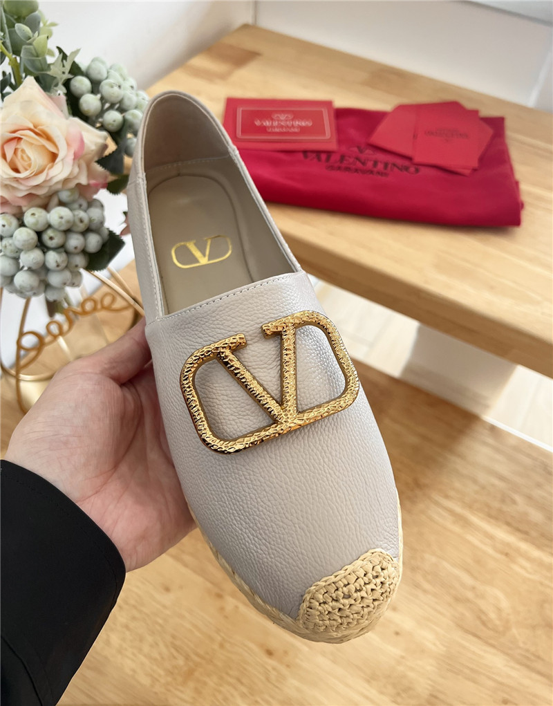 Va1e*ntin0 vlogo calfskin raffia espadrilles gold and grey