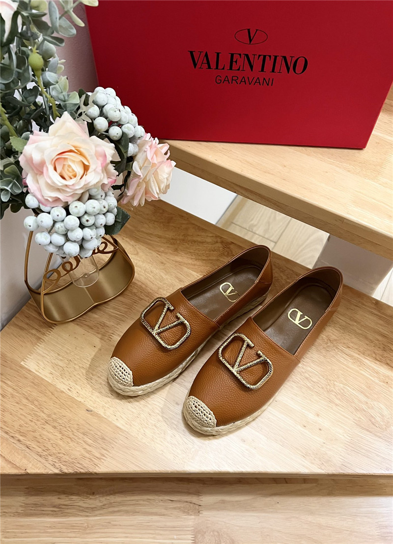 Va1e*ntin0 vlogo calfskin raffia espadrilles gold and brown