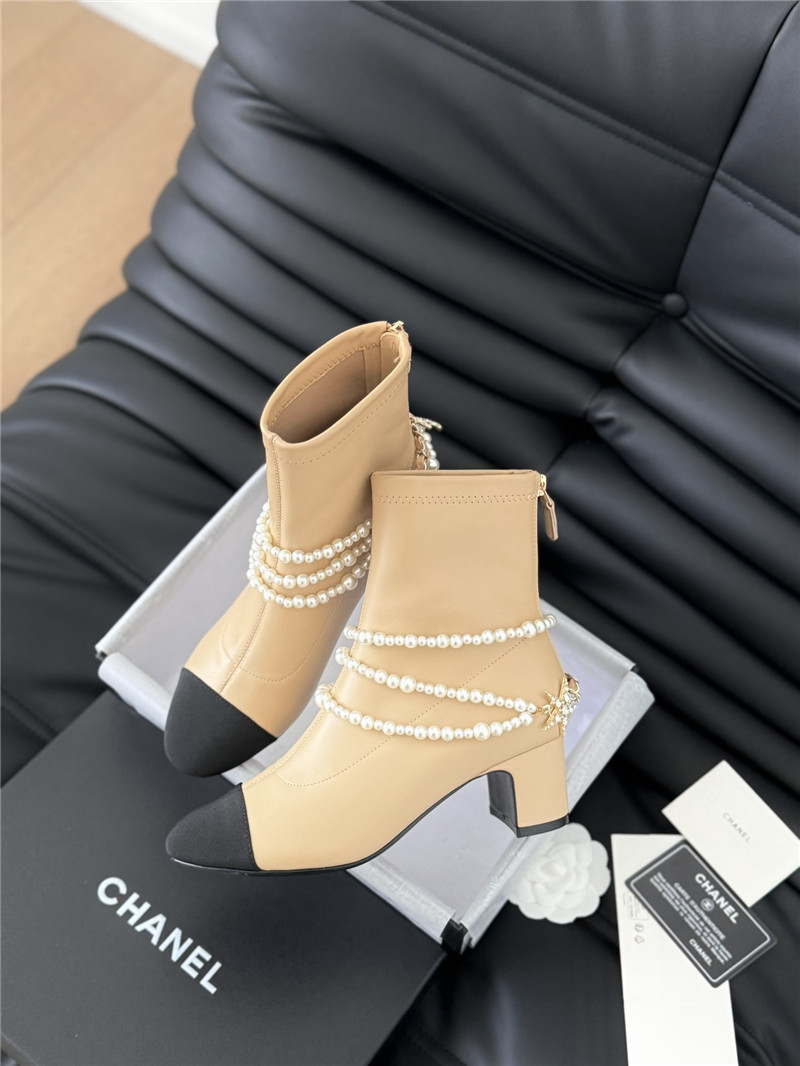 Ch**el beige calfskin pearl ankle boots