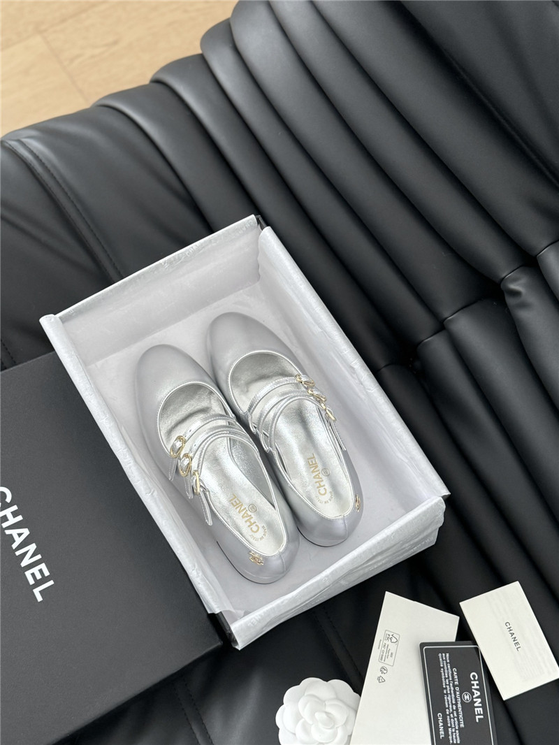 Ch**el silver calfskin 3-strap mary jane shoes