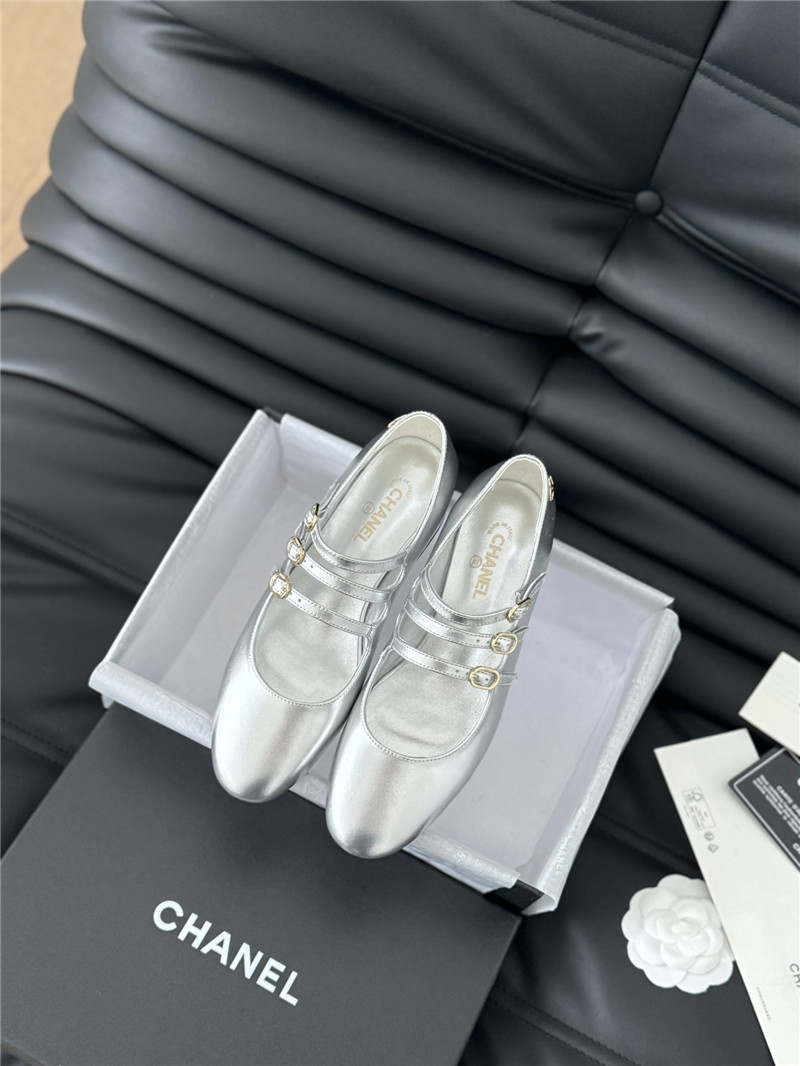Ch**el silver calfskin 3-strap mary jane shoes