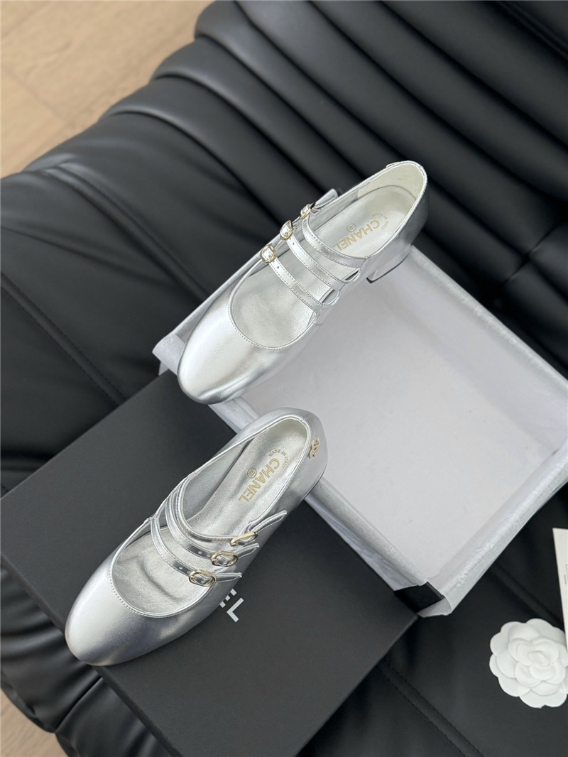 Ch**el silver calfskin 3-strap mary jane shoes