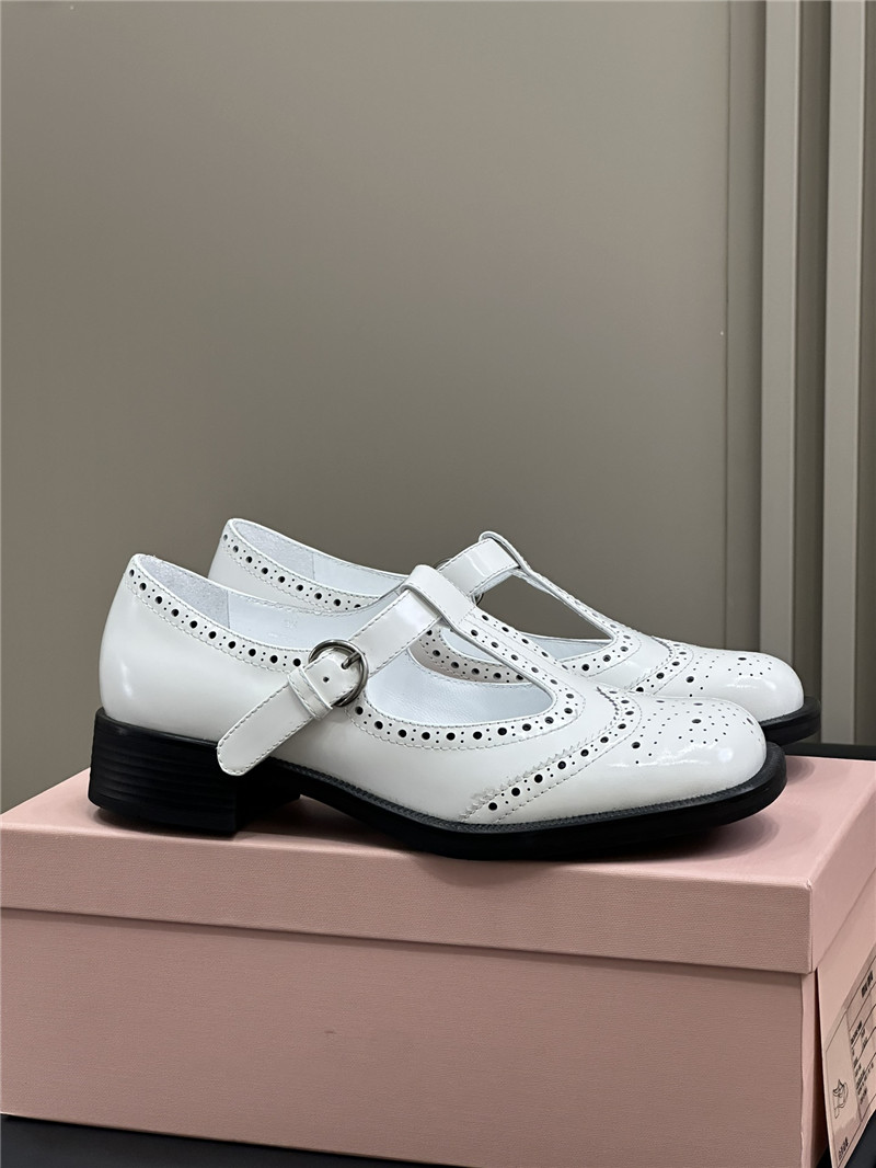 Miu Miu Brushed Leather T-Strap Brogue Shoes White