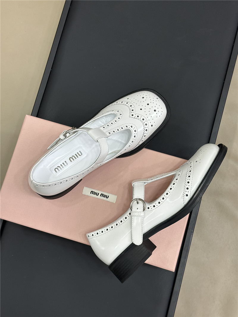 Miu Miu Brushed Leather T-Strap Brogue Shoes White