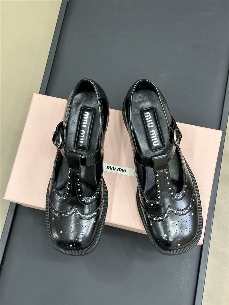 Miu Miu Brushed Leather T-Strap Brogue Shoes Black
