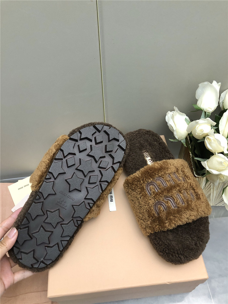 Miu Miu Lettering Logo Shearling Slides Camel and Brown