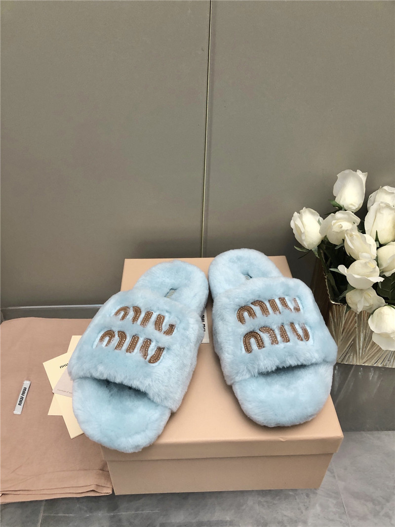 Miu Miu Lettering Logo Shearling Slides Blue
