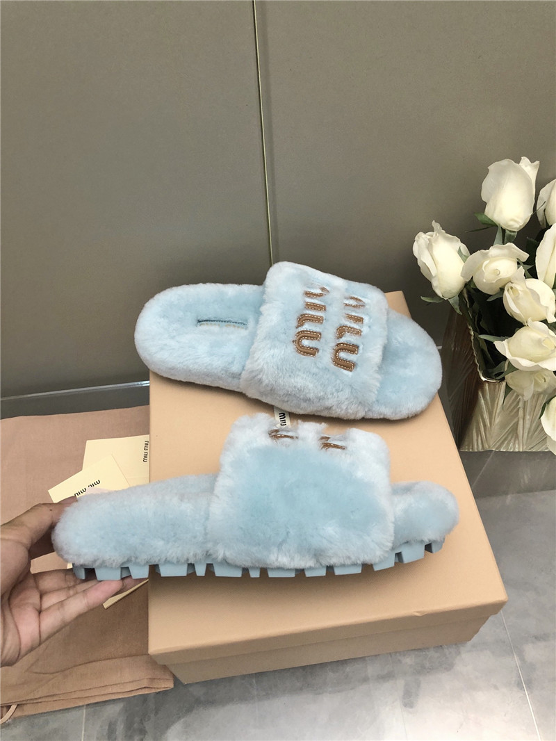 Miu Miu Lettering Logo Shearling Slides Blue