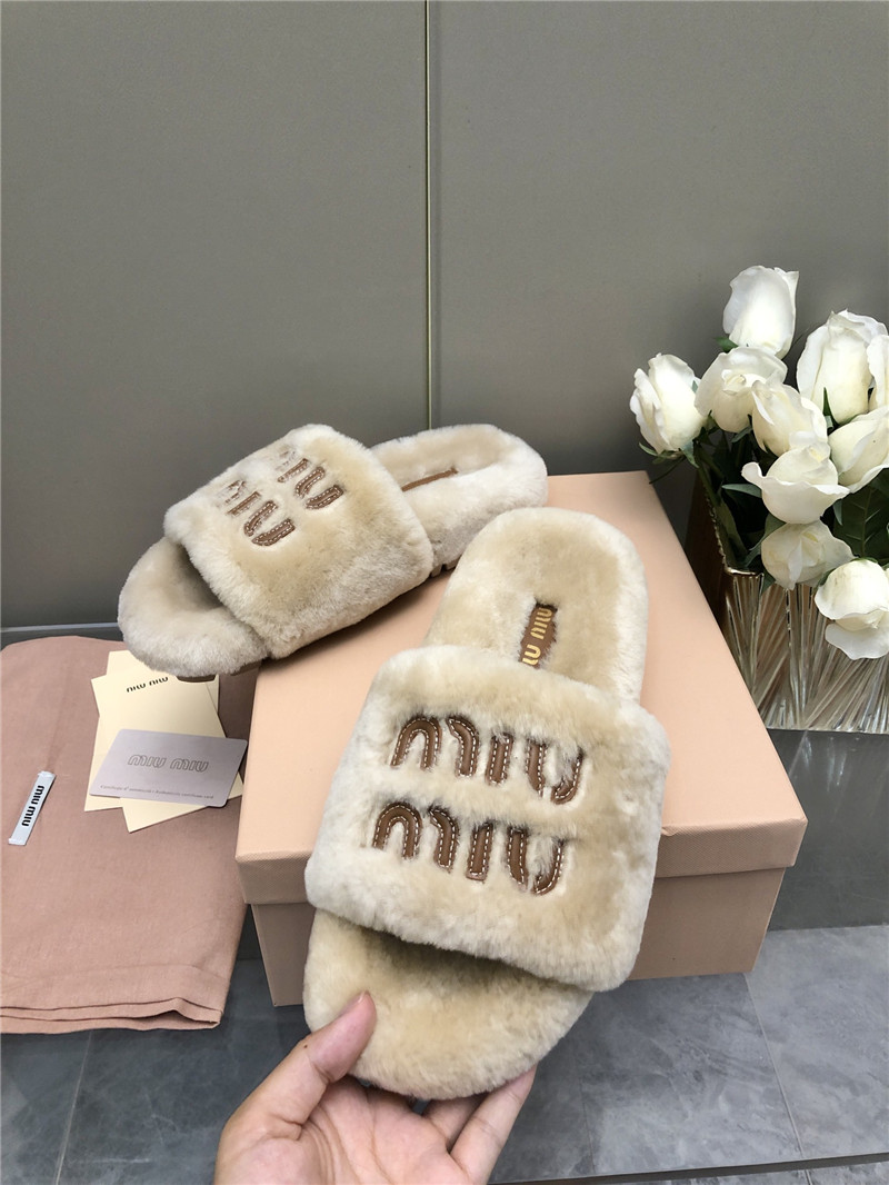 Miu Miu Lettering Logo Shearling Slides Natural