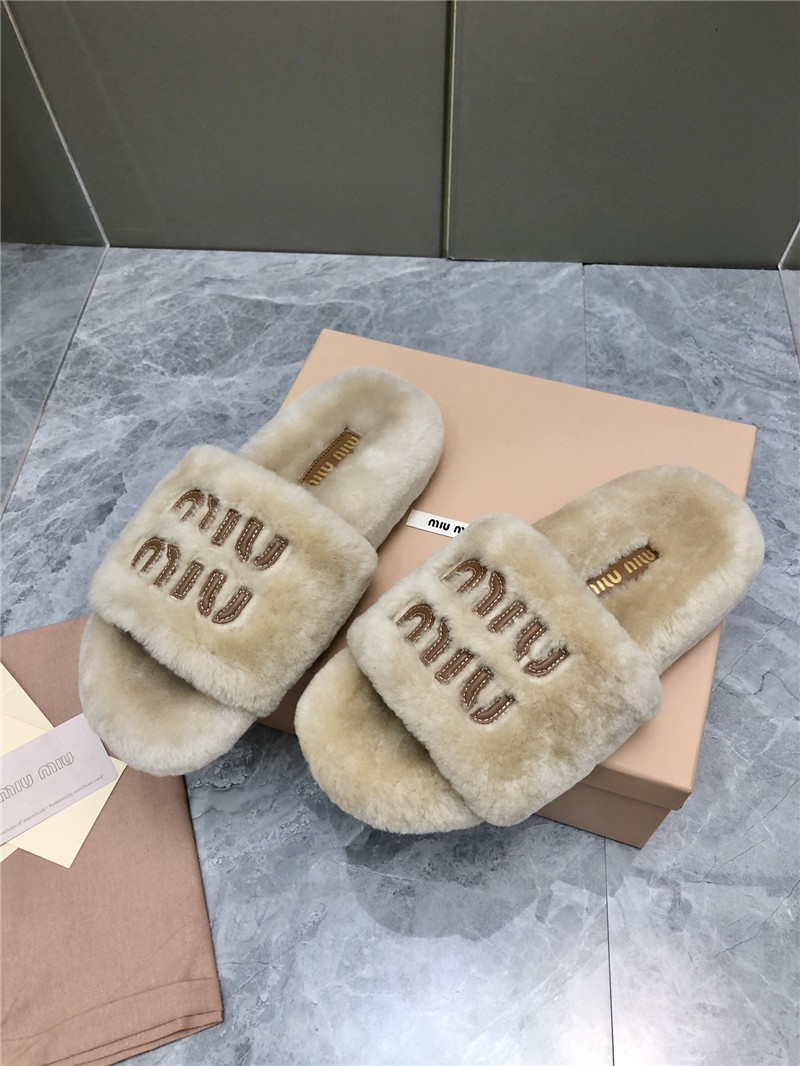 Miu Miu Lettering Logo Shearling Slides Natural
