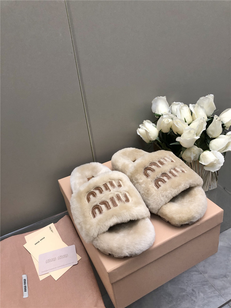 Miu Miu Lettering Logo Shearling Slides Natural