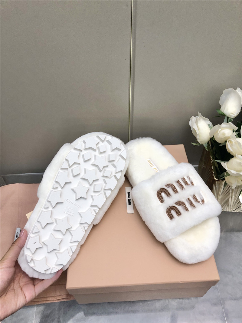 Miu Miu White Lettering Logo Shearling Slides