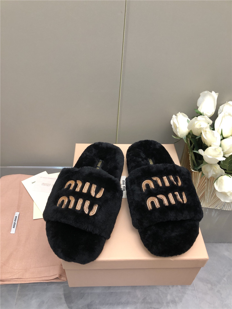 Miu Miu Lettering Logo Shearling Slides Black