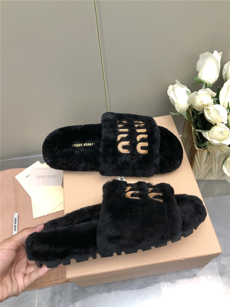 Miu Miu Lettering Logo Shearling Slides Black