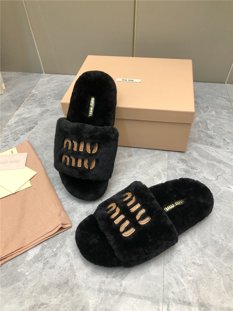Miu Miu Lettering Logo Shearling Slides Black