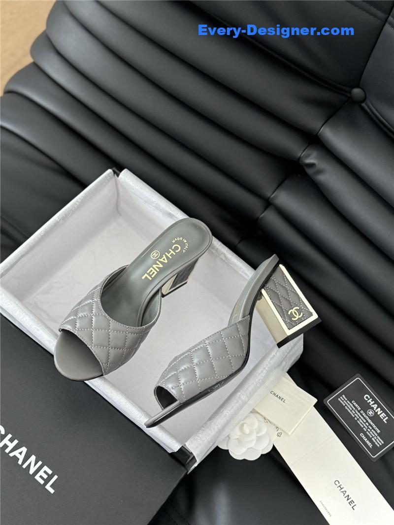 Ch**el grey lambskin quilted open toe mary jane mules