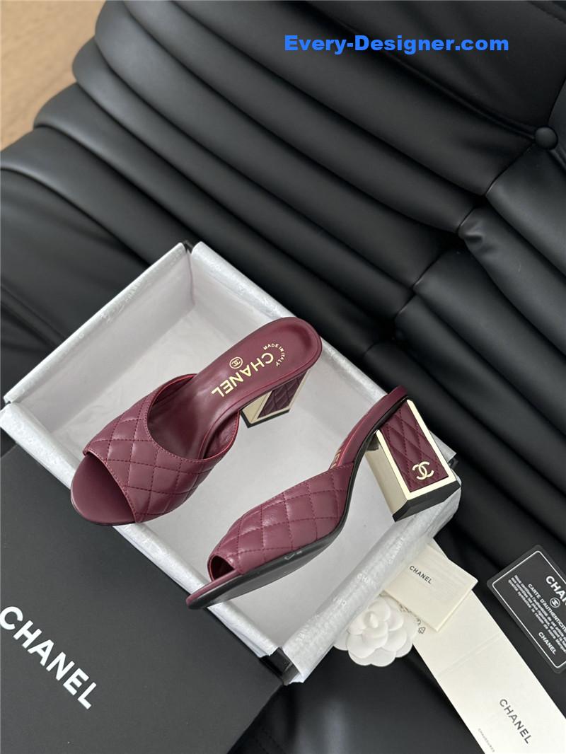 Ch**el burgundy lambskin quilted open toe mary jane mules