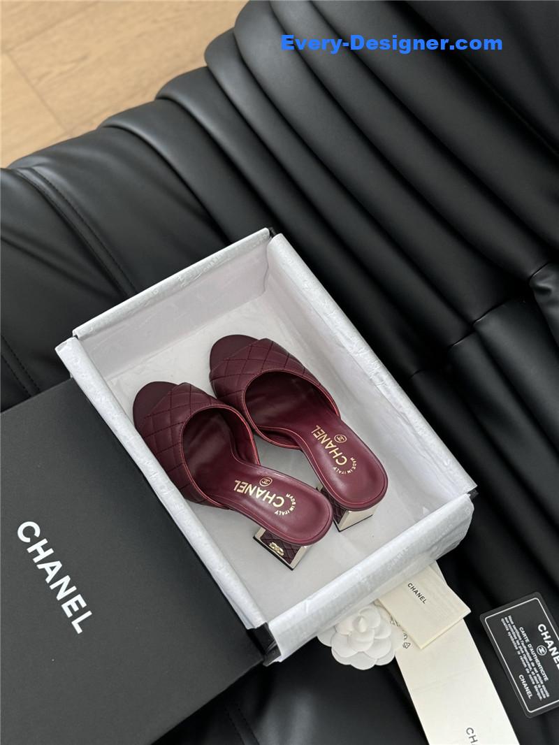 Ch**el burgundy lambskin quilted open toe mary jane mules