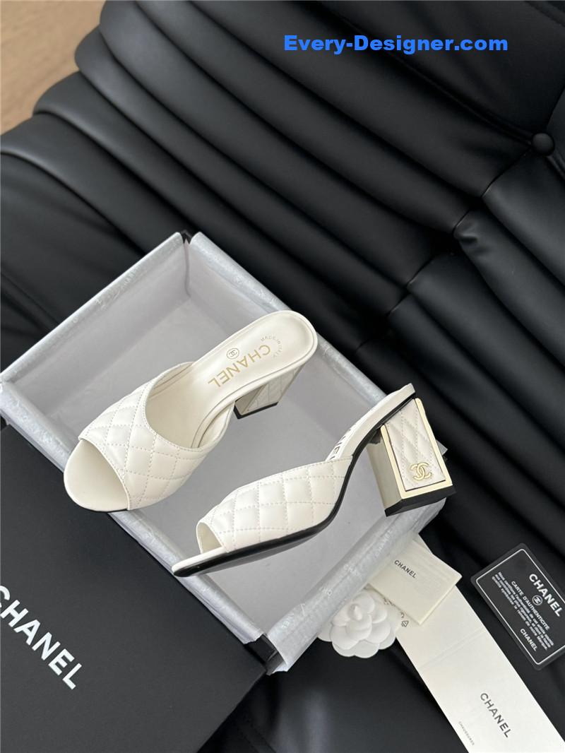 Ch**el white lambskin quilted open toe mary jane mules