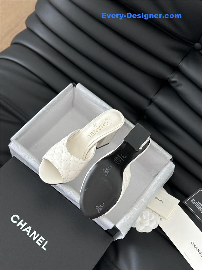 Ch**el white lambskin quilted open toe mary jane mules