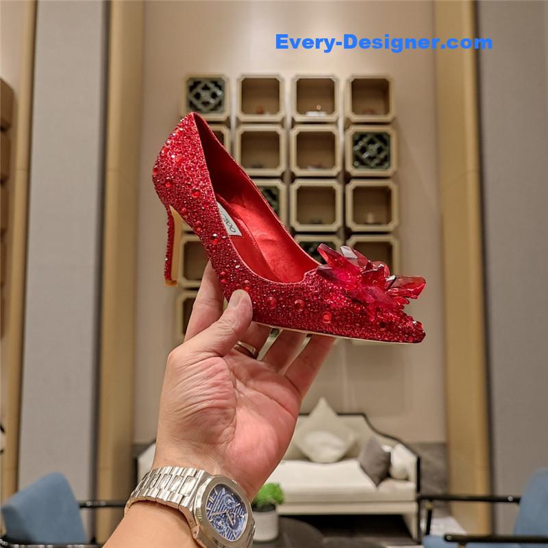 J1m*y Ch00 red crystal-covered pointy toe pumps