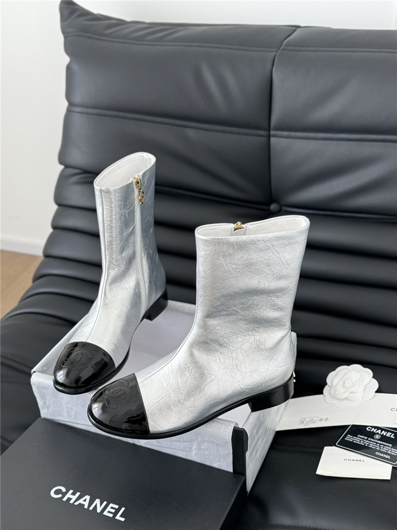 Ch**el silver calfskin zipper ankle boots