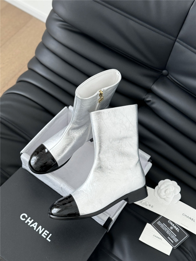 Ch**el silver calfskin zipper ankle boots