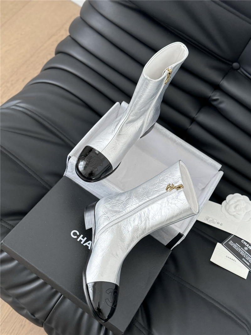 Ch**el silver calfskin zipper ankle boots