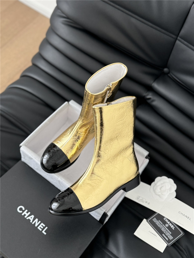 Ch**el gold calfskin zipper ankle boots