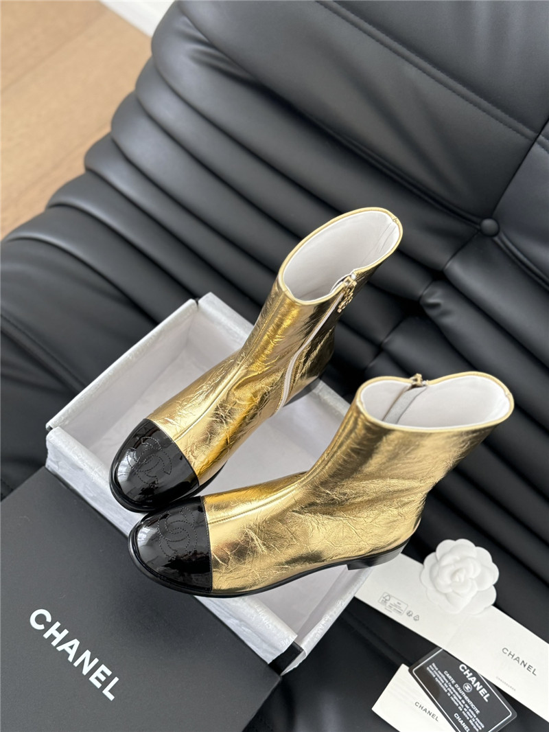 Ch**el gold calfskin zipper ankle boots