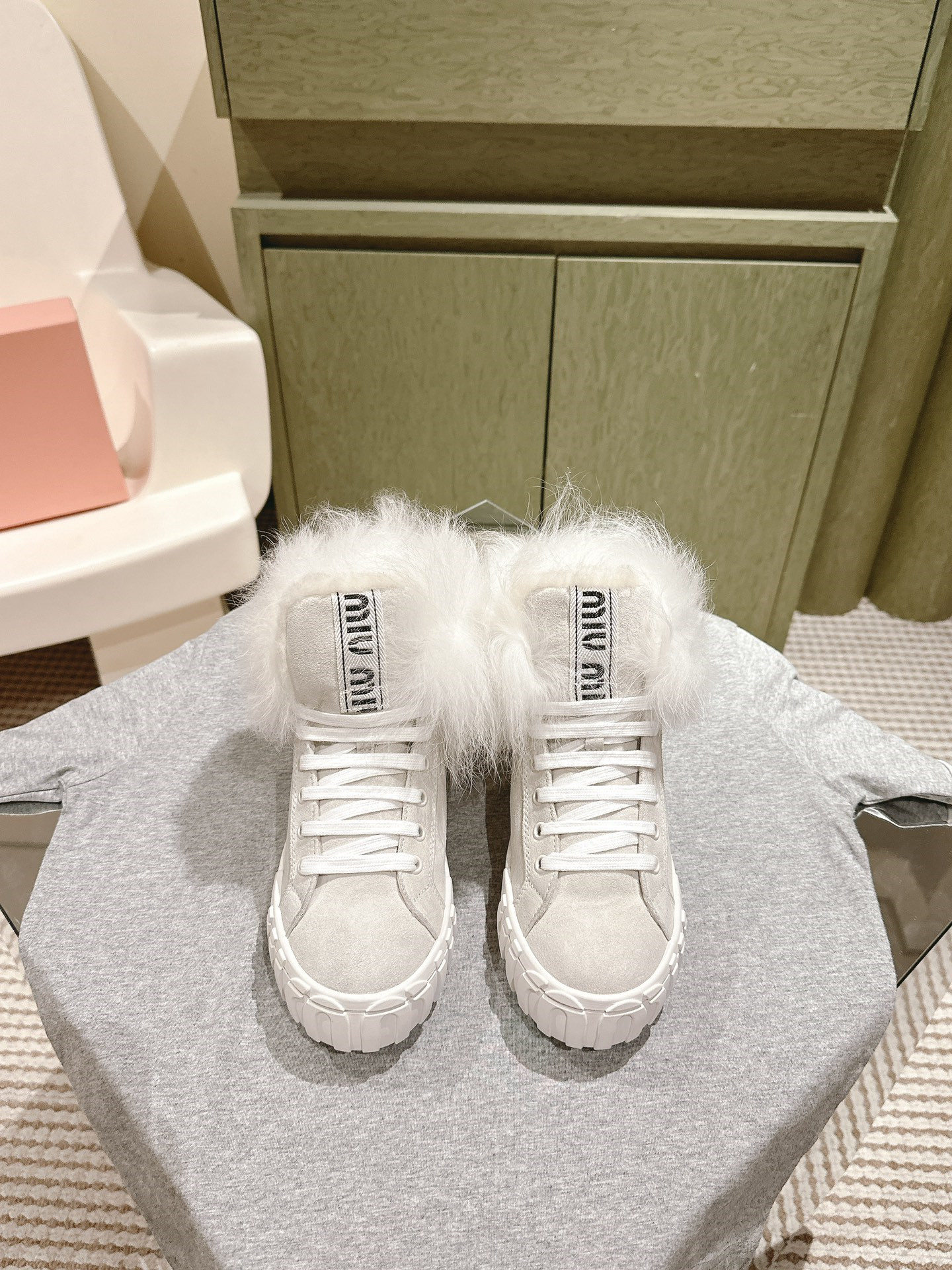 Miu Miu High Top Shearling-Lined Suede Sneakers Beige