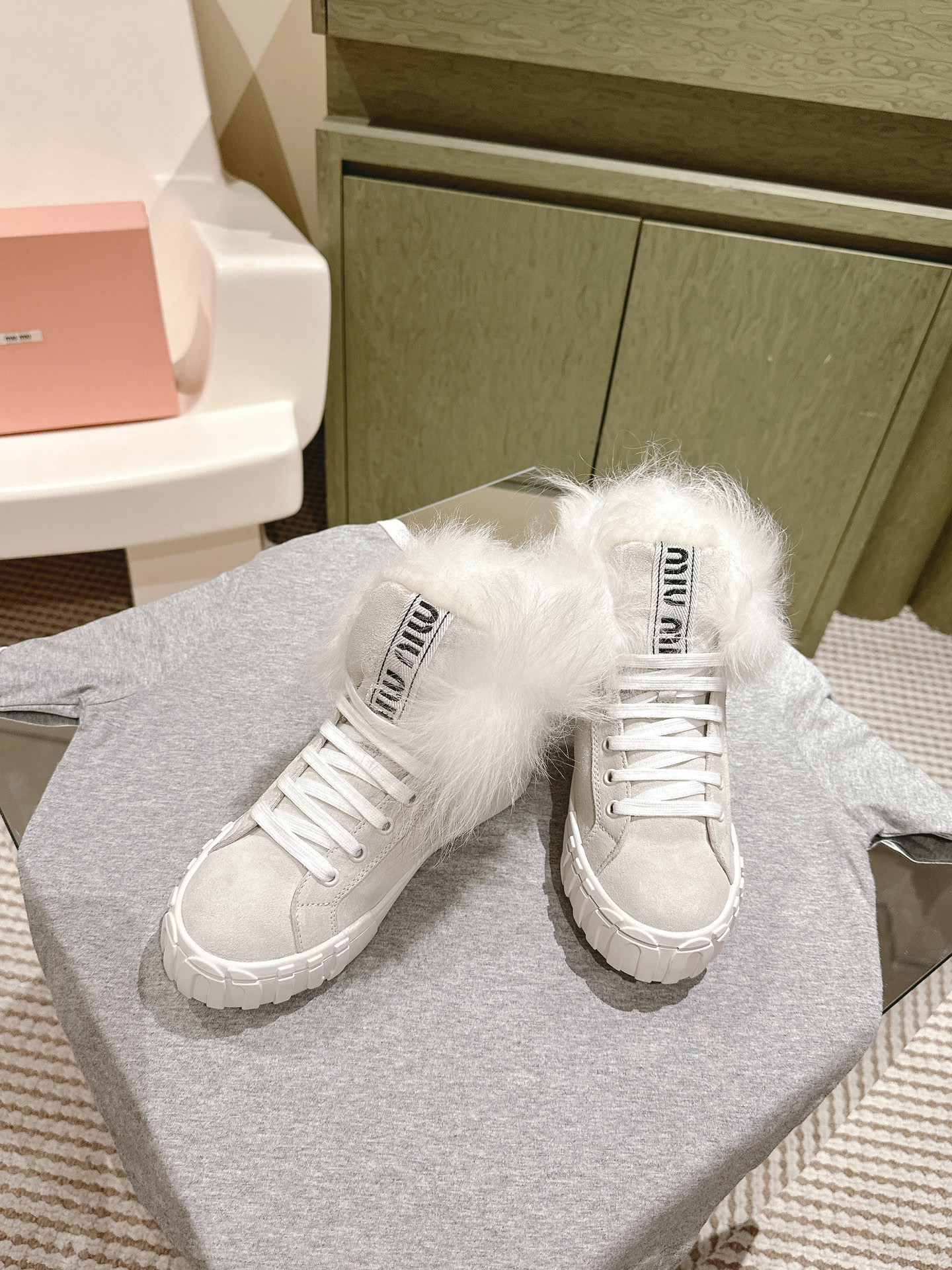 Miu Miu High Top Shearling-Lined Suede Sneakers Beige