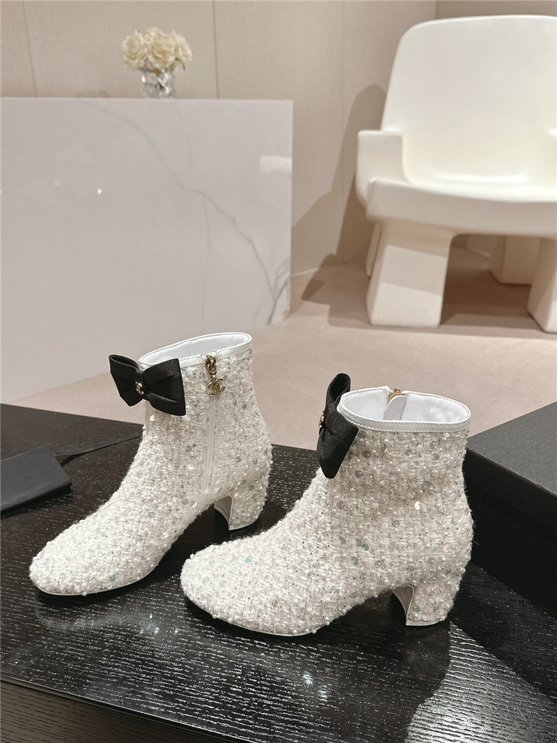 Ch**el white block heel sequin ankle boots