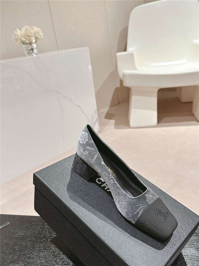 Ch**el ballet heel pumps in grey floral print suede