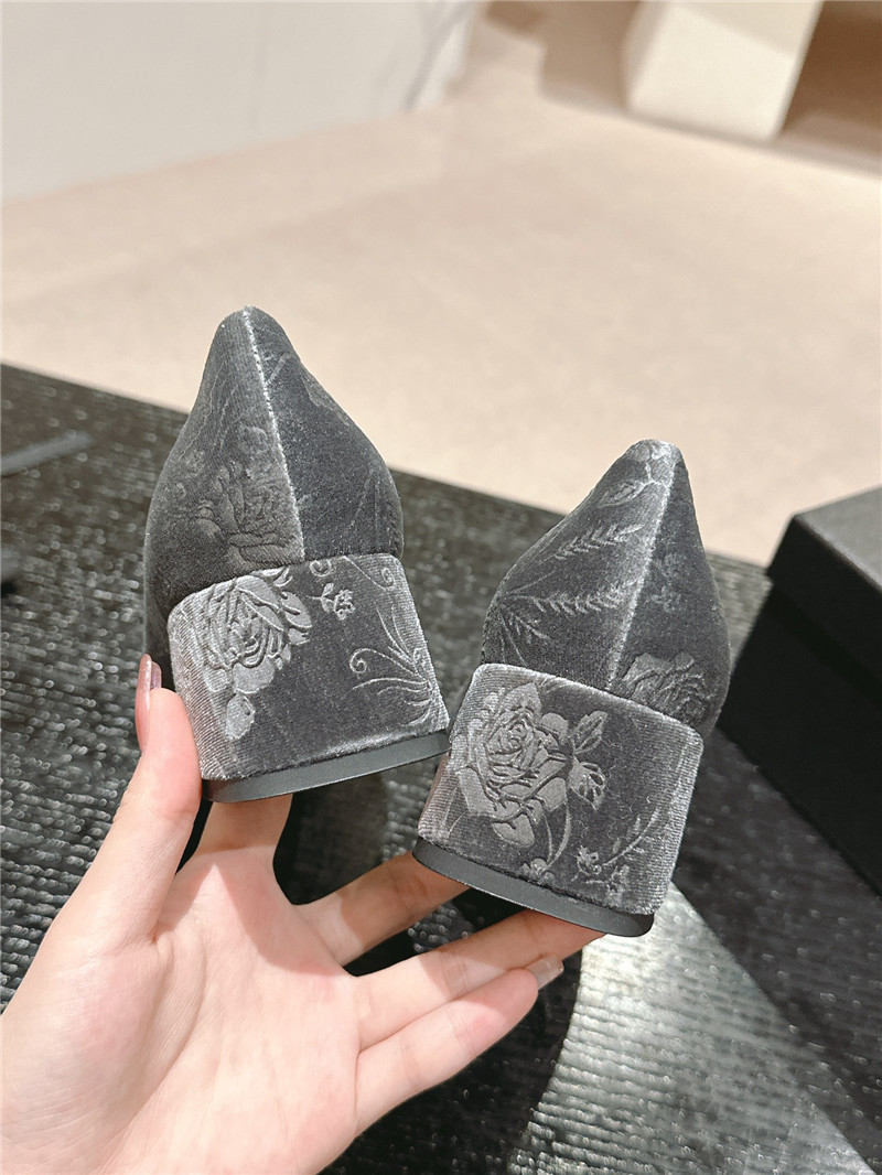 Ch**el ballet heel pumps in grey floral print suede