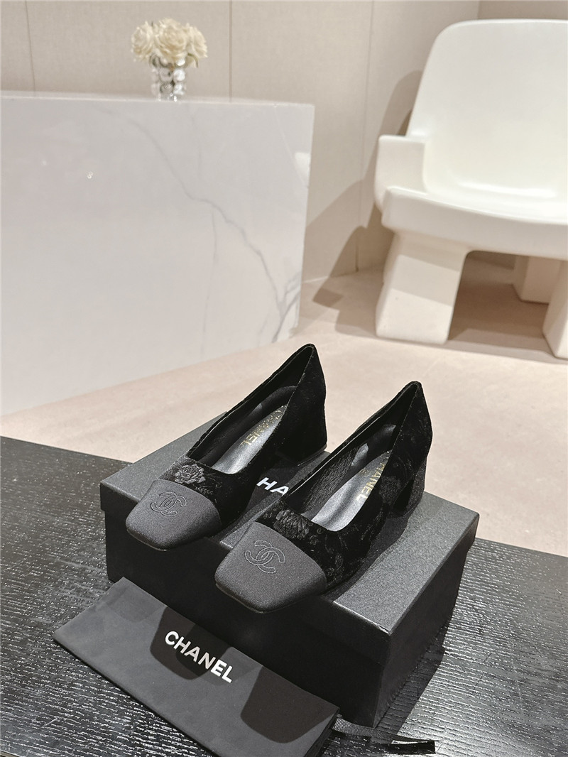 Ch**el ballet heel pumps in black floral print suede