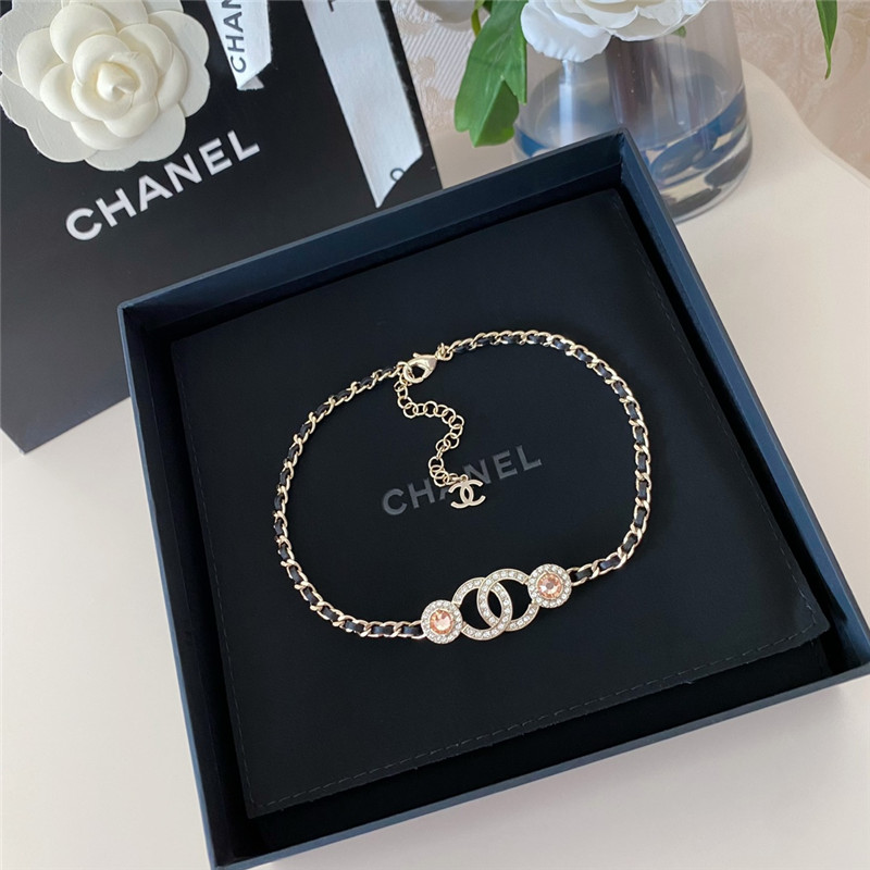 Ch**el leather through chain double c gemstone necklace
