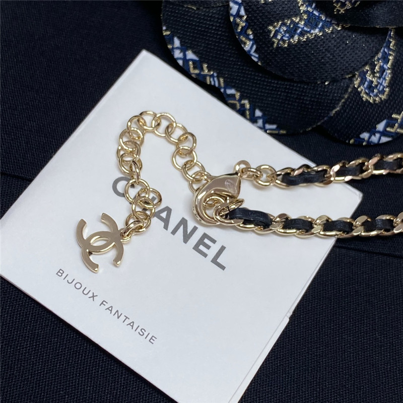 Ch**el leather through chain double c gemstone necklace