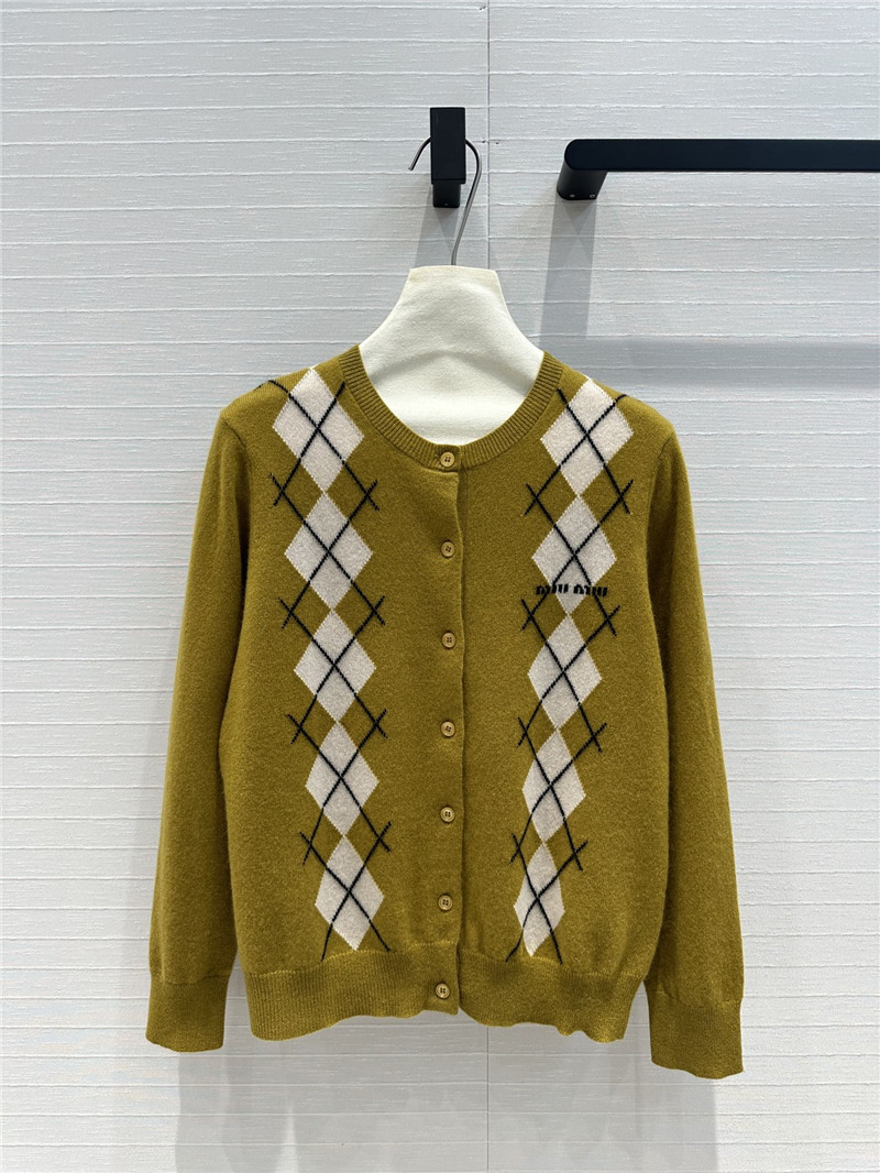 Miu Miu Argyle Long Sleeve Cashmere Cardigan