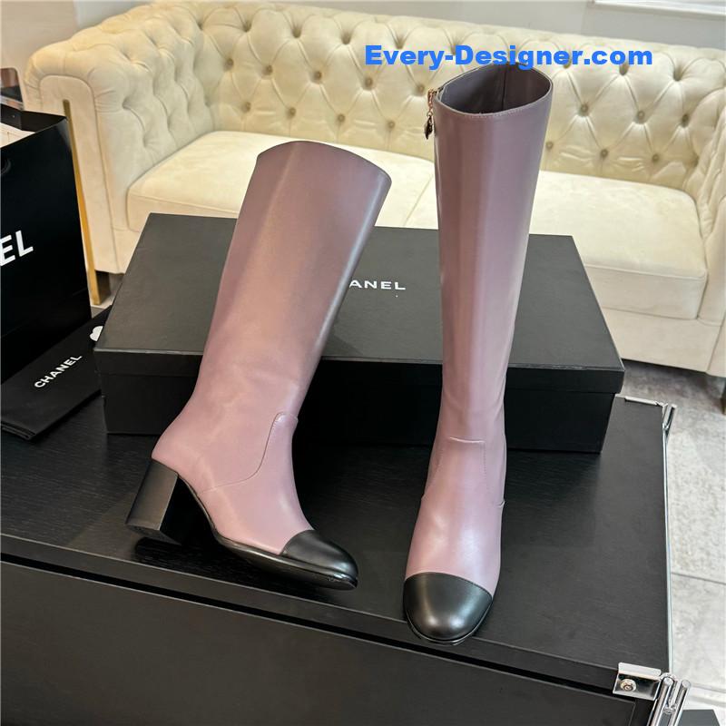 Ch**el purple calfskin chunky knee-high boots