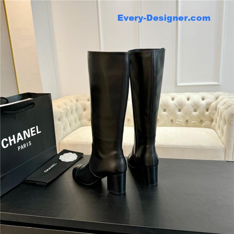 Ch**el black calfskin chunky knee-high boots