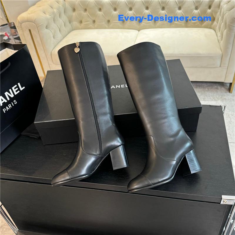 Ch**el black calfskin chunky knee-high boots