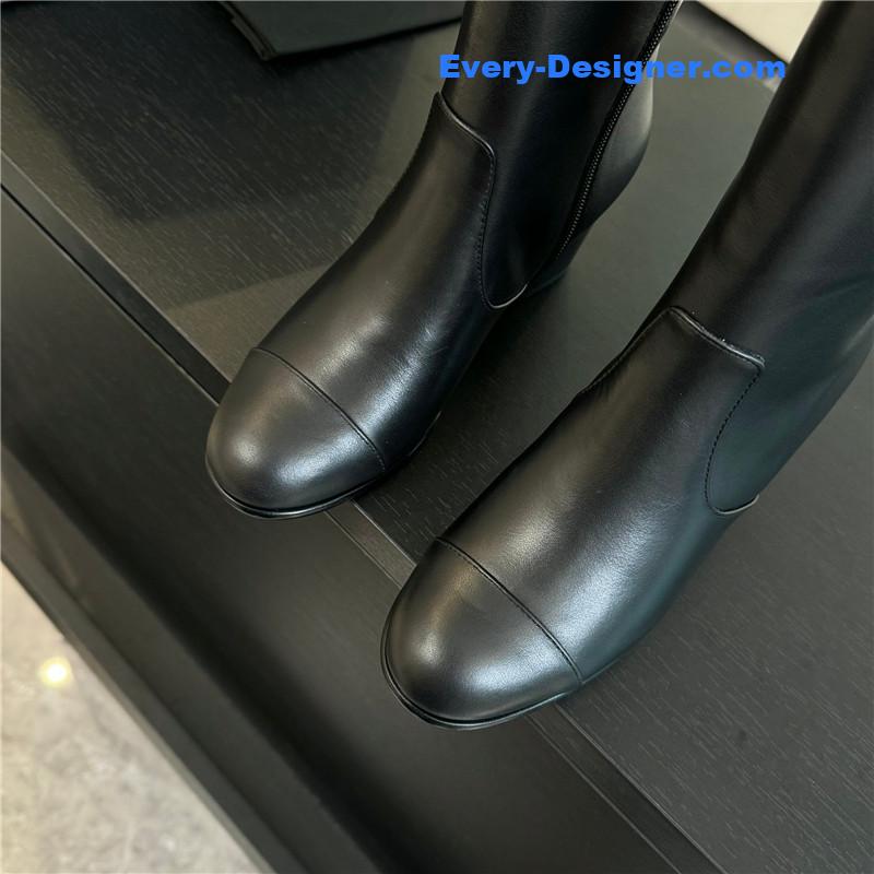 Ch**el black calfskin chunky knee-high boots