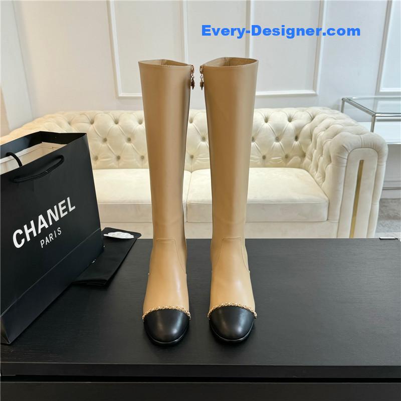 Ch**el beige calfskin chunky knee-high boots