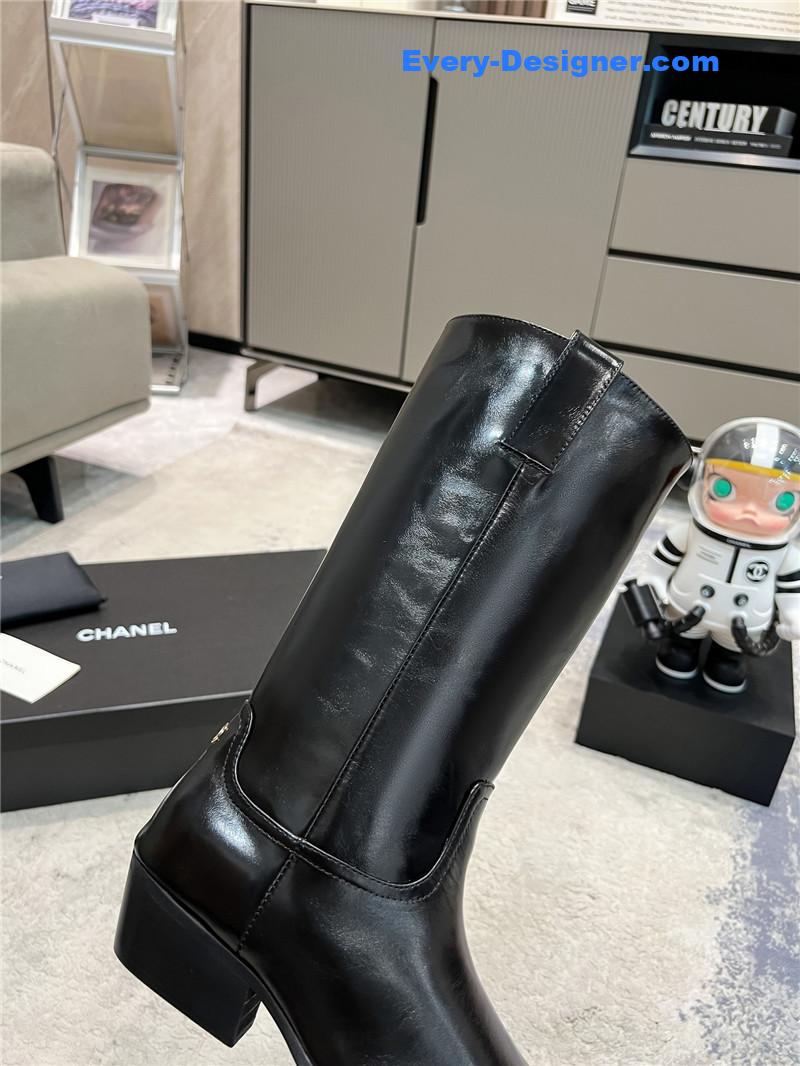 Ch**el calfskin pointed toe mid boots