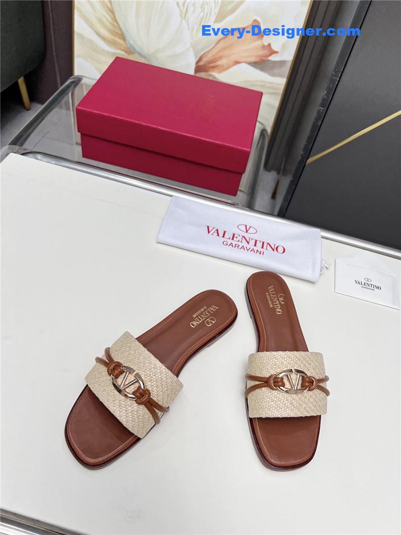 Va1e*ntin0 vlogo raffia leather slides brown